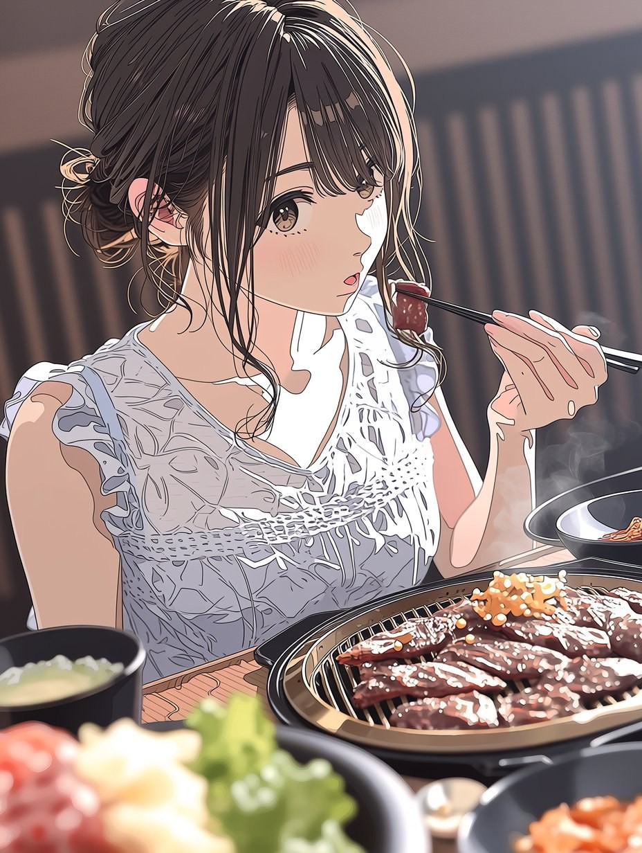 Una chica de cabello negro está comiendo carne asada con palillos