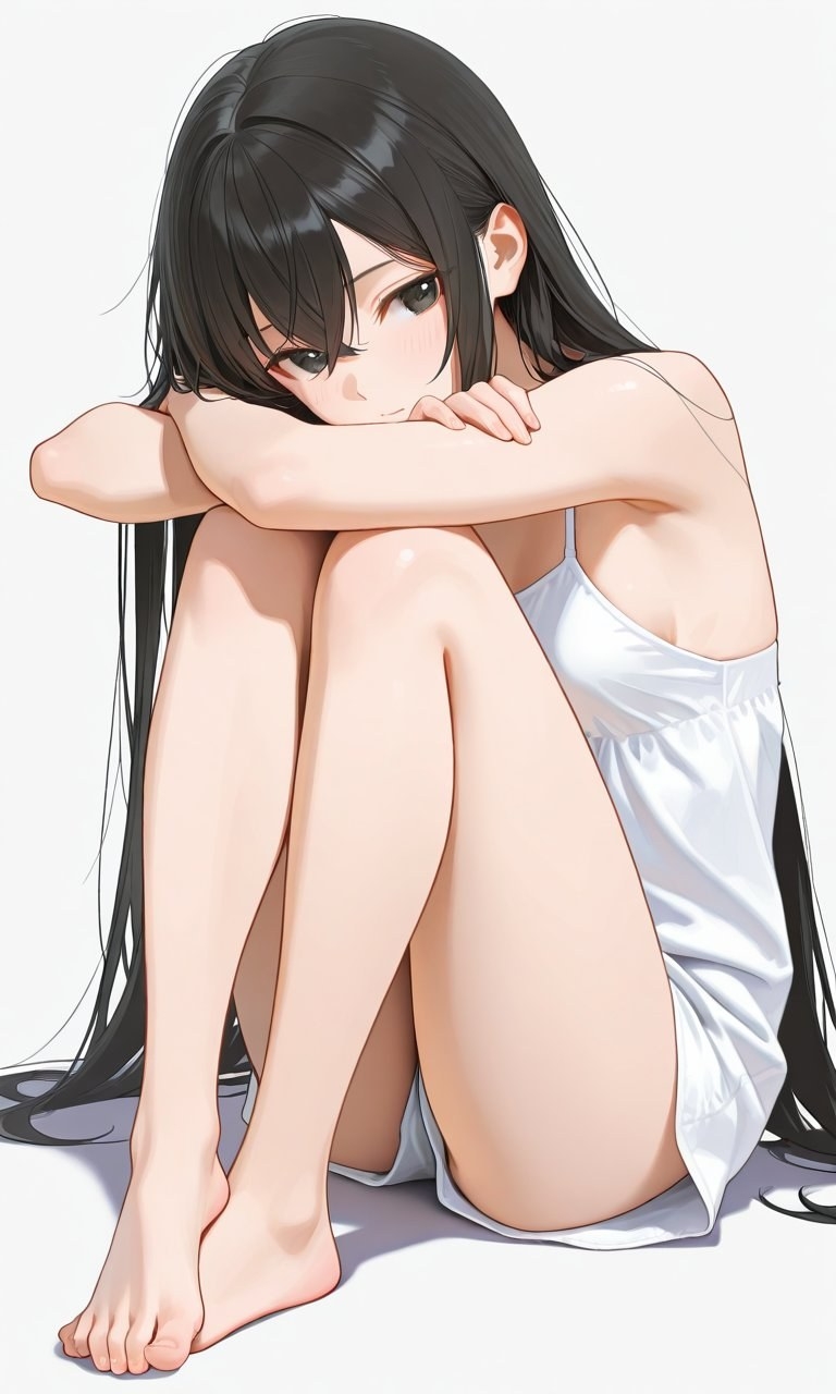 黒い長髪のアニメ風女性が白い寝巻きを着て座っている