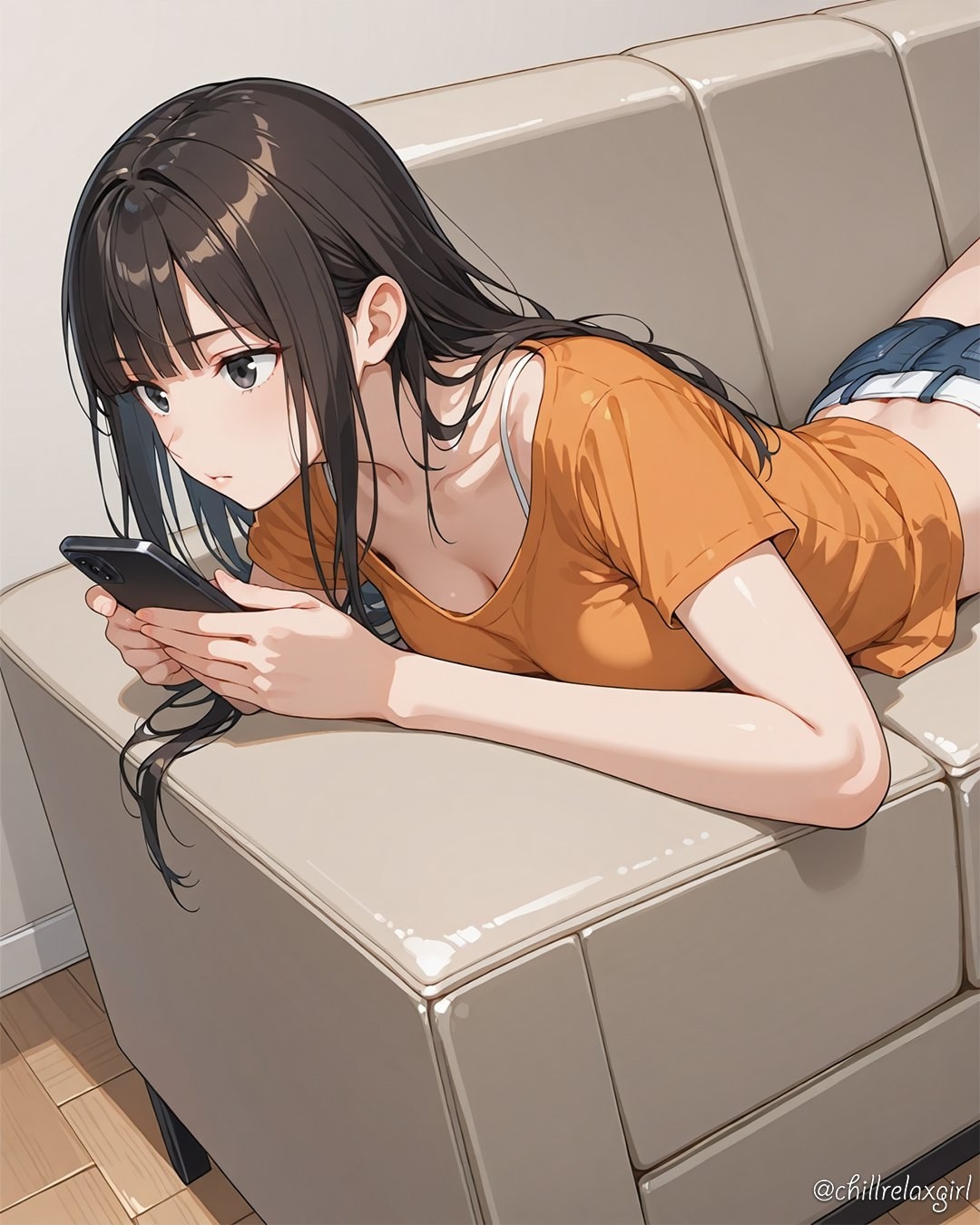 A black-haired anime woman sits on a sofa gazing at her smartphone
