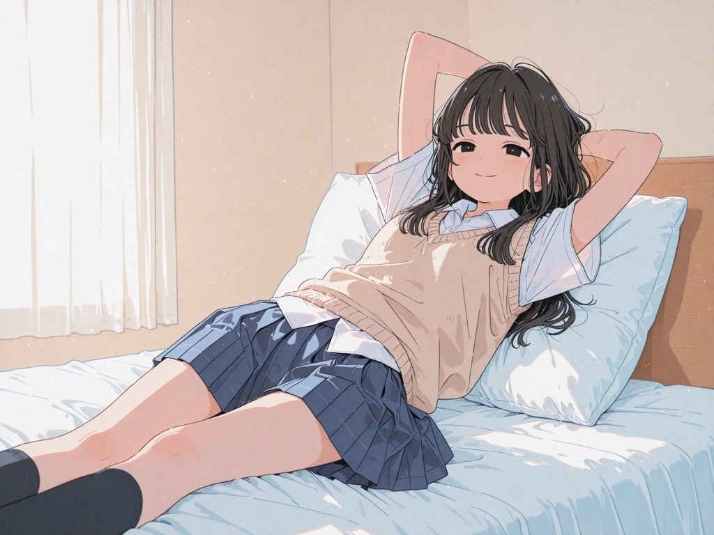 Ein Mädchen im japanischen Schuluniform lehnt faul an ihrem Bett