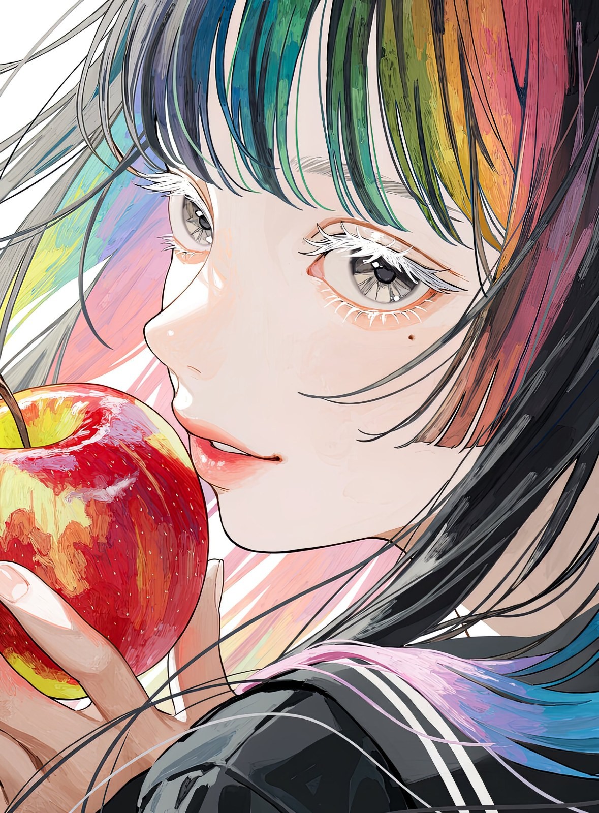 A girl with rainbow gradient hair holds a red apple