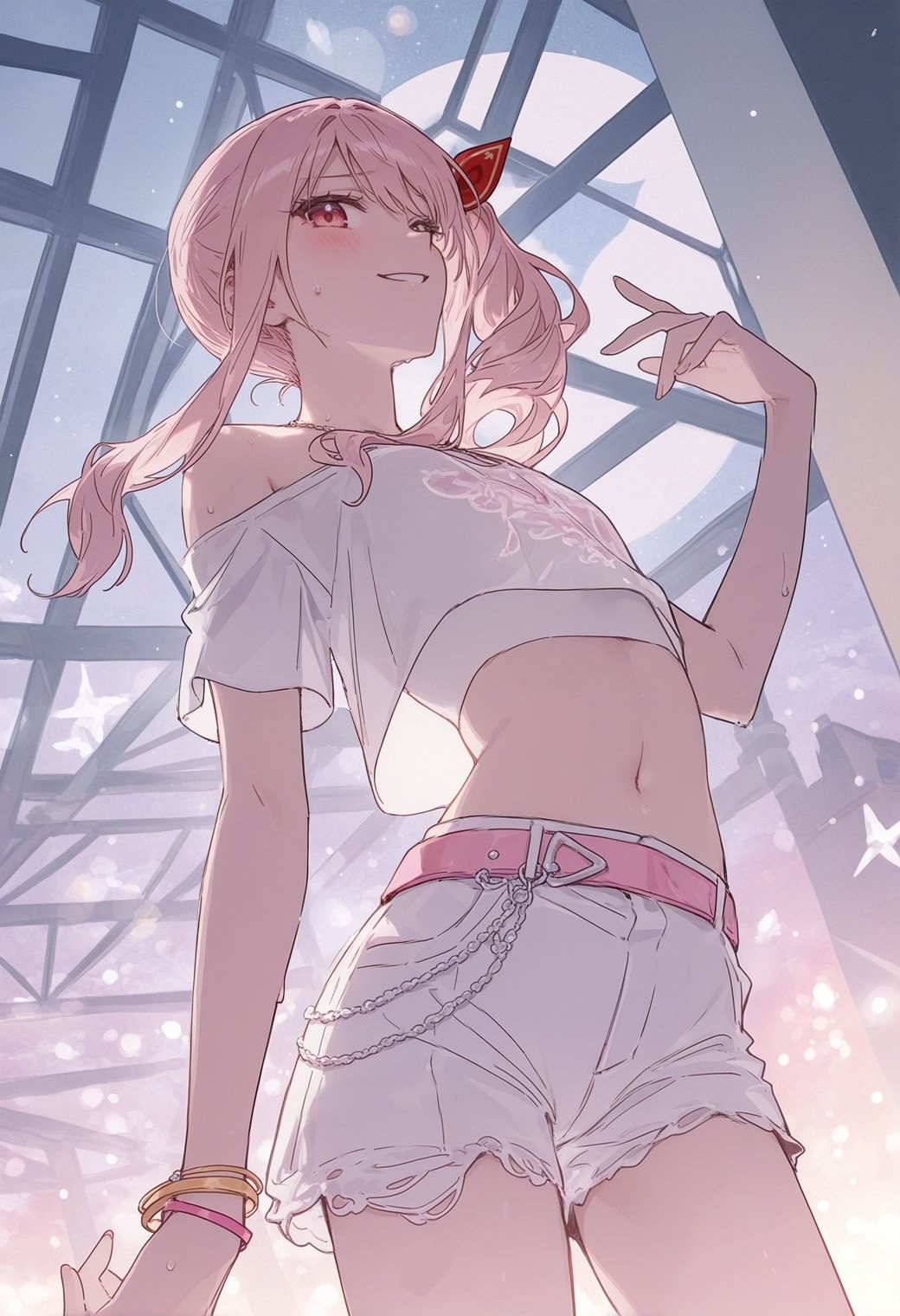 A pink-haired anime girl wears a white off-shoulder top and shorts