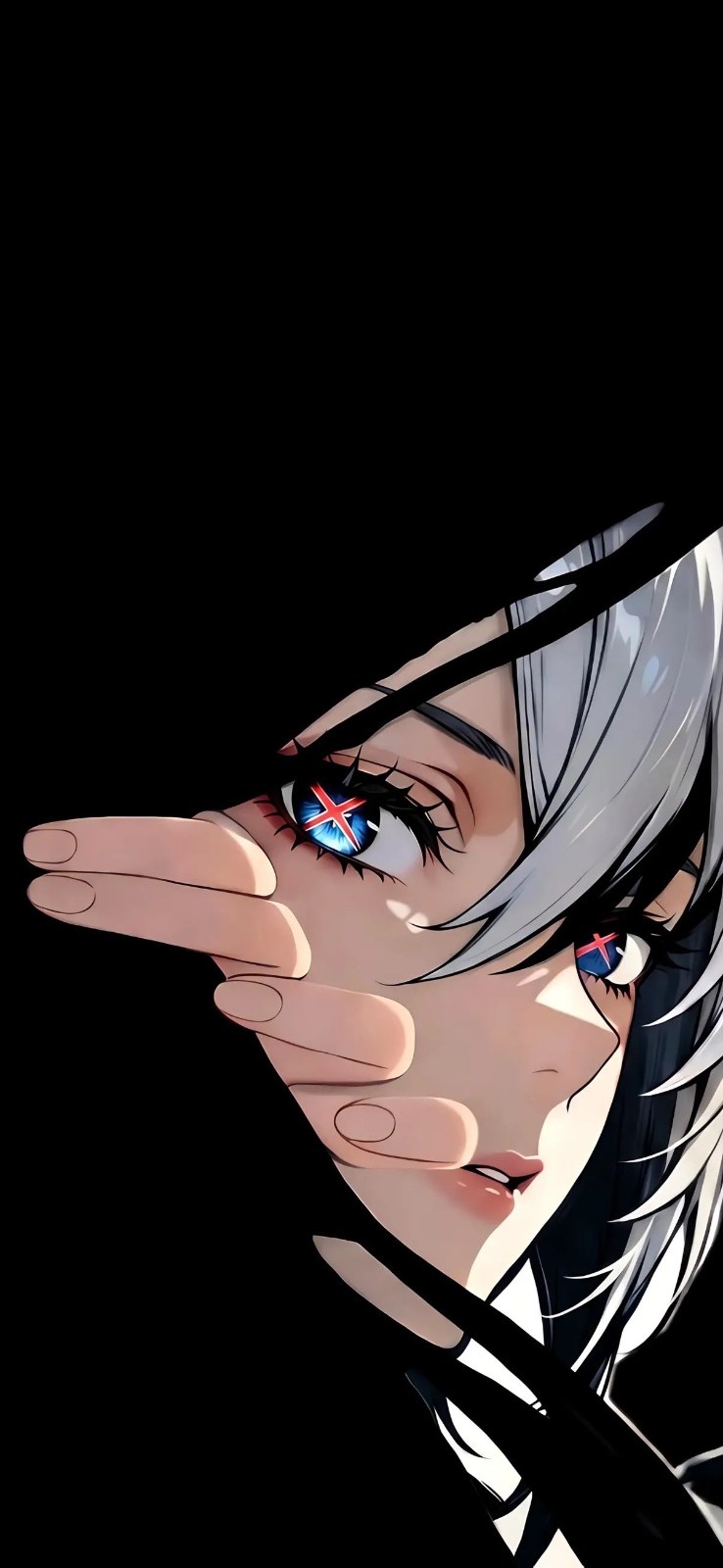 黒と白の髪色のアニメ女性キャラクターが横顔を見せ半分の顔を手で隠している