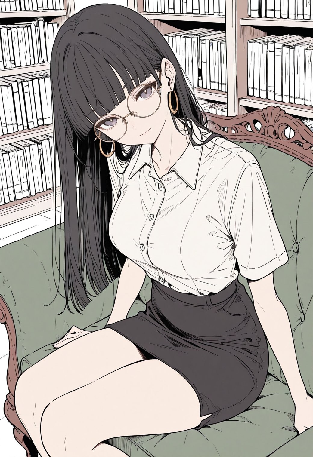Una joven con camisa blanca de manga corta y falda mini negra está sentada en un sillón verde en una biblioteca