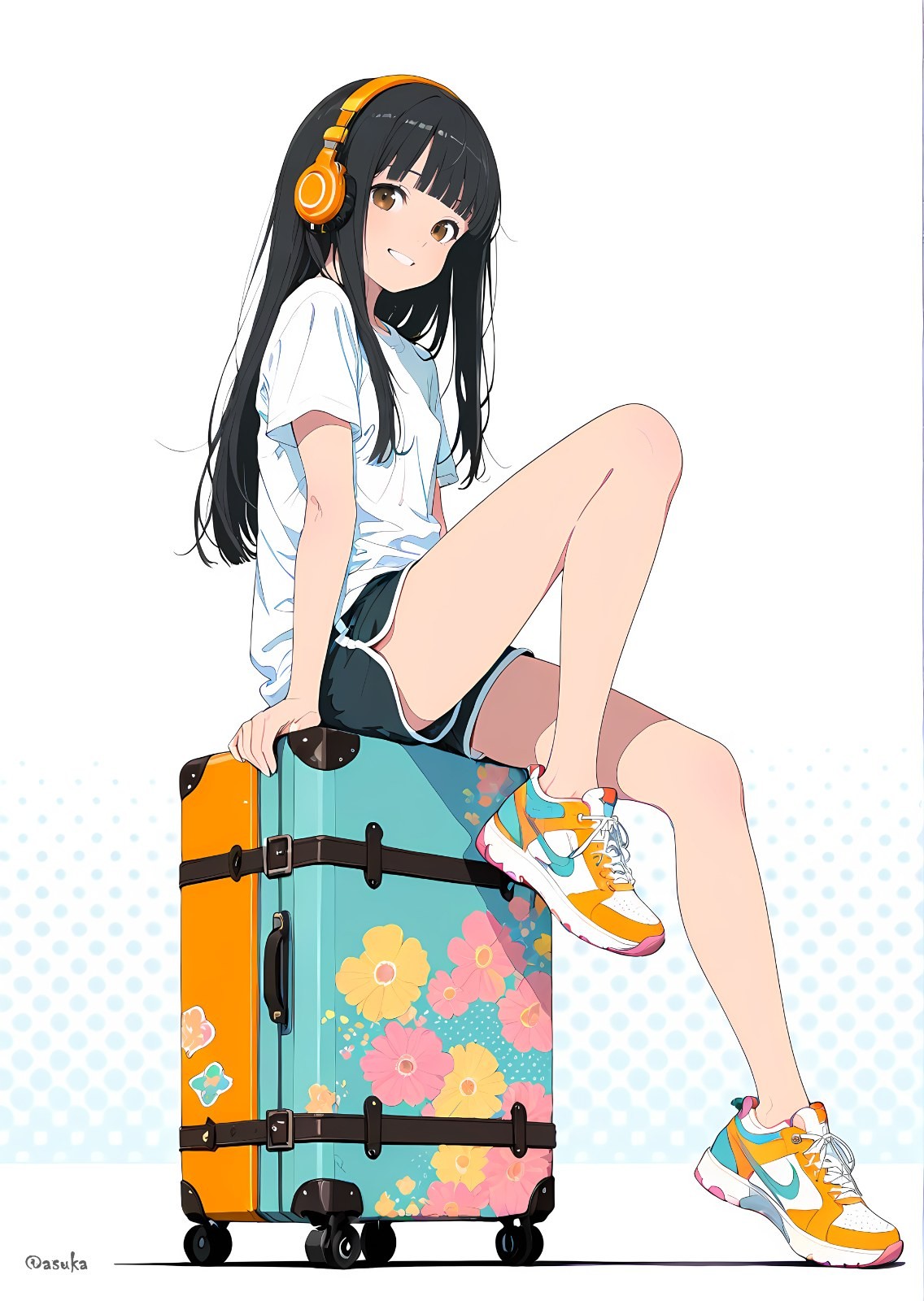 A black-haired girl wearing a loose T-shirt and black shorts sits on a vintage suitcase
