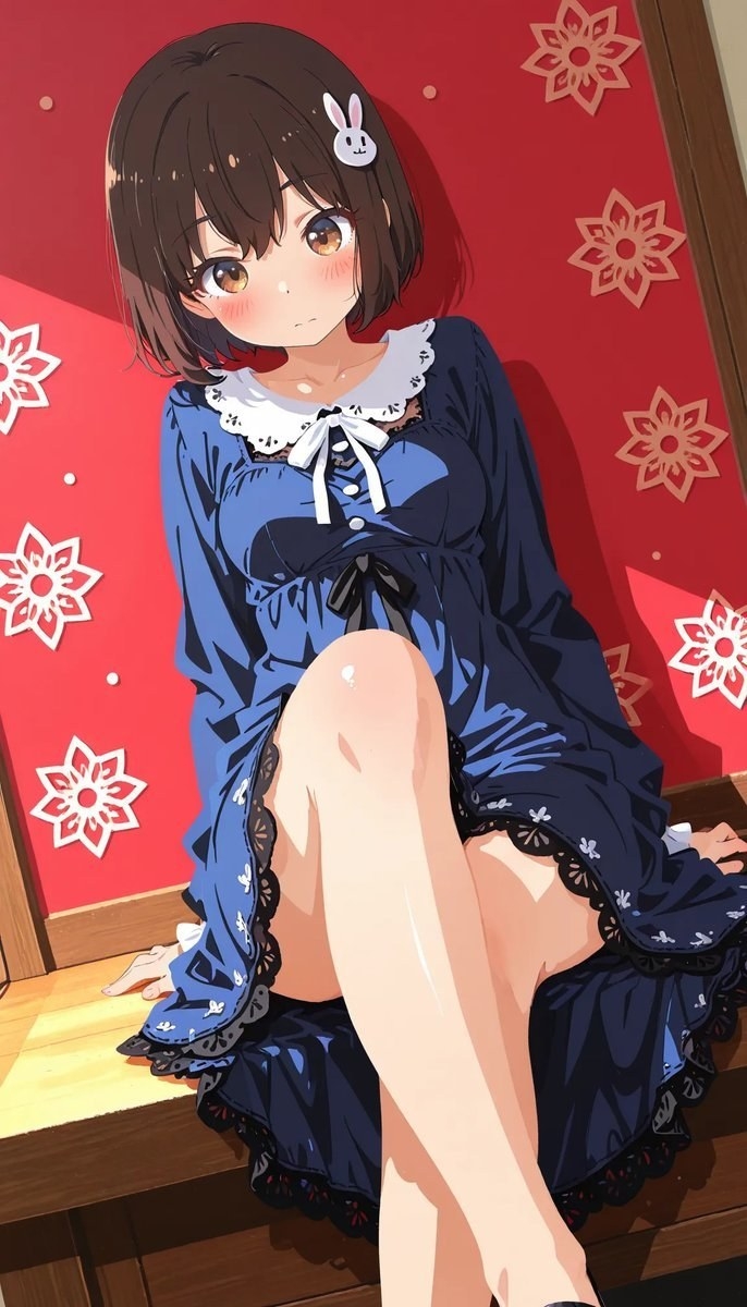 Ein braunhaariges Anime-Mädchen sitzt auf den Stufen, trägt ein dunkelblaues Kleid und eine Hasenhaarspange