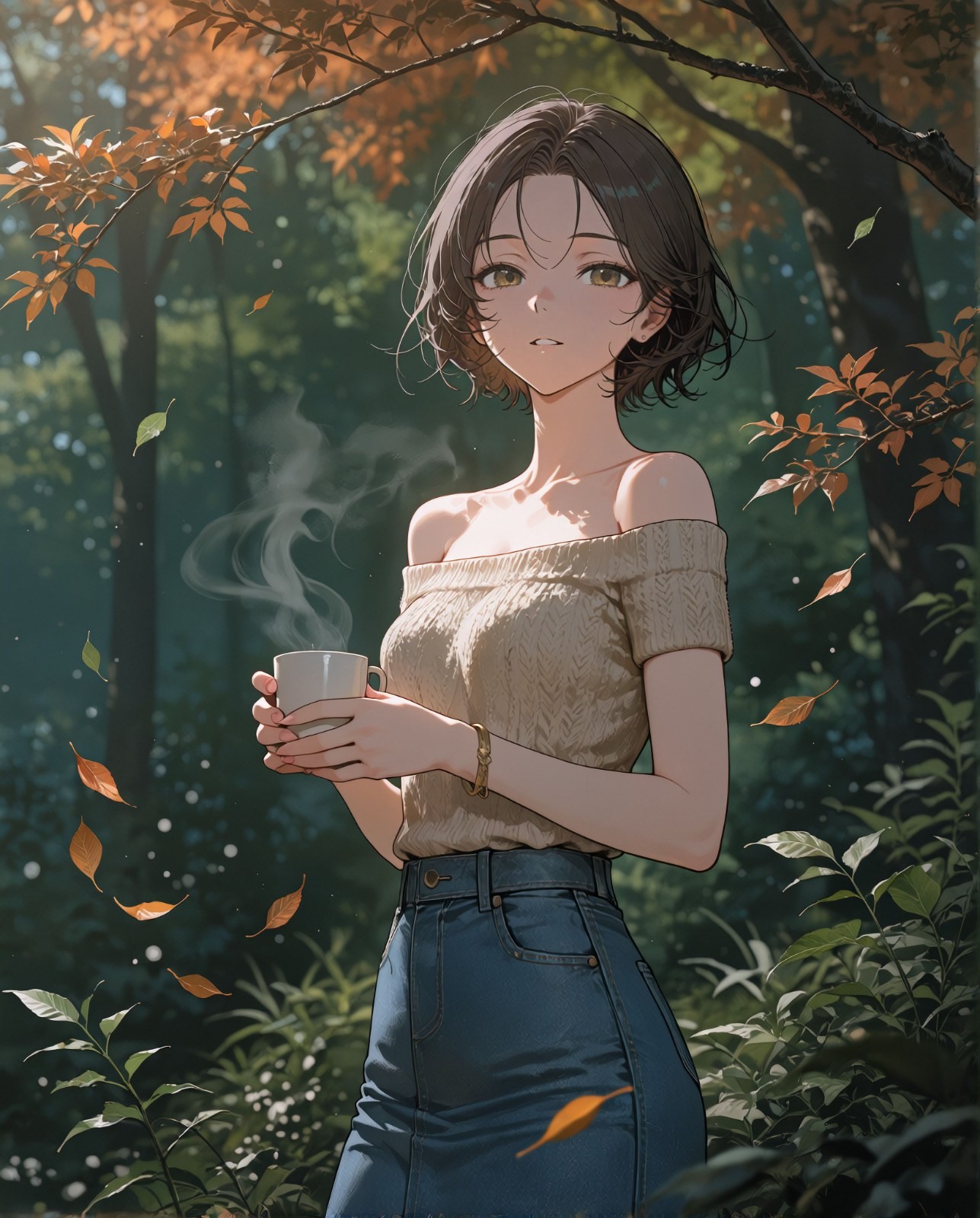 Uma mulher está em uma floresta de outono segurando uma caneca branca fumegante