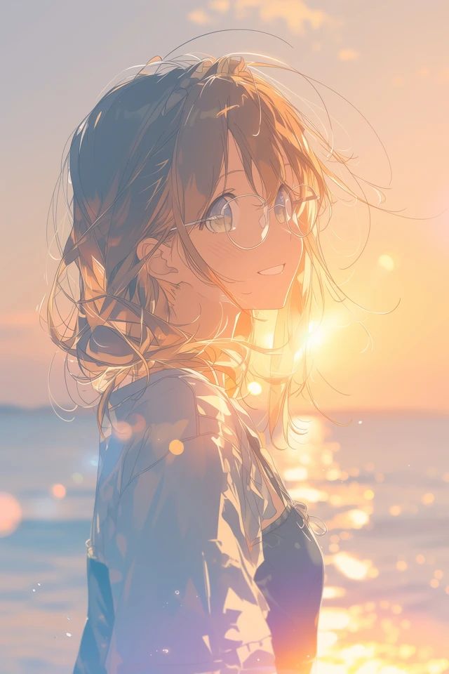 A young woman with round glasses stands by the seaside looking at the calm ocean