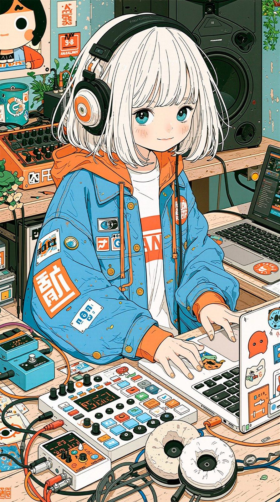 Una chica está creando música electrónica con un controlador de música