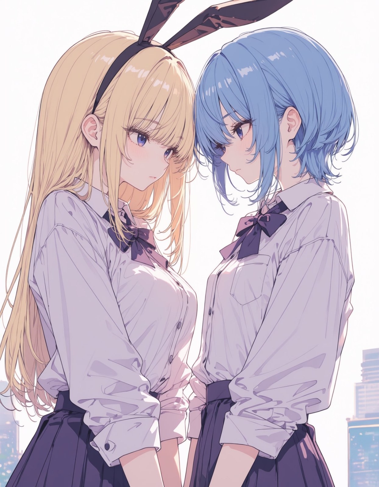 Two anime girls stand side by side, a blonde girl and a short-haired light blue girl in pale pink shirts and dark pleated skirts