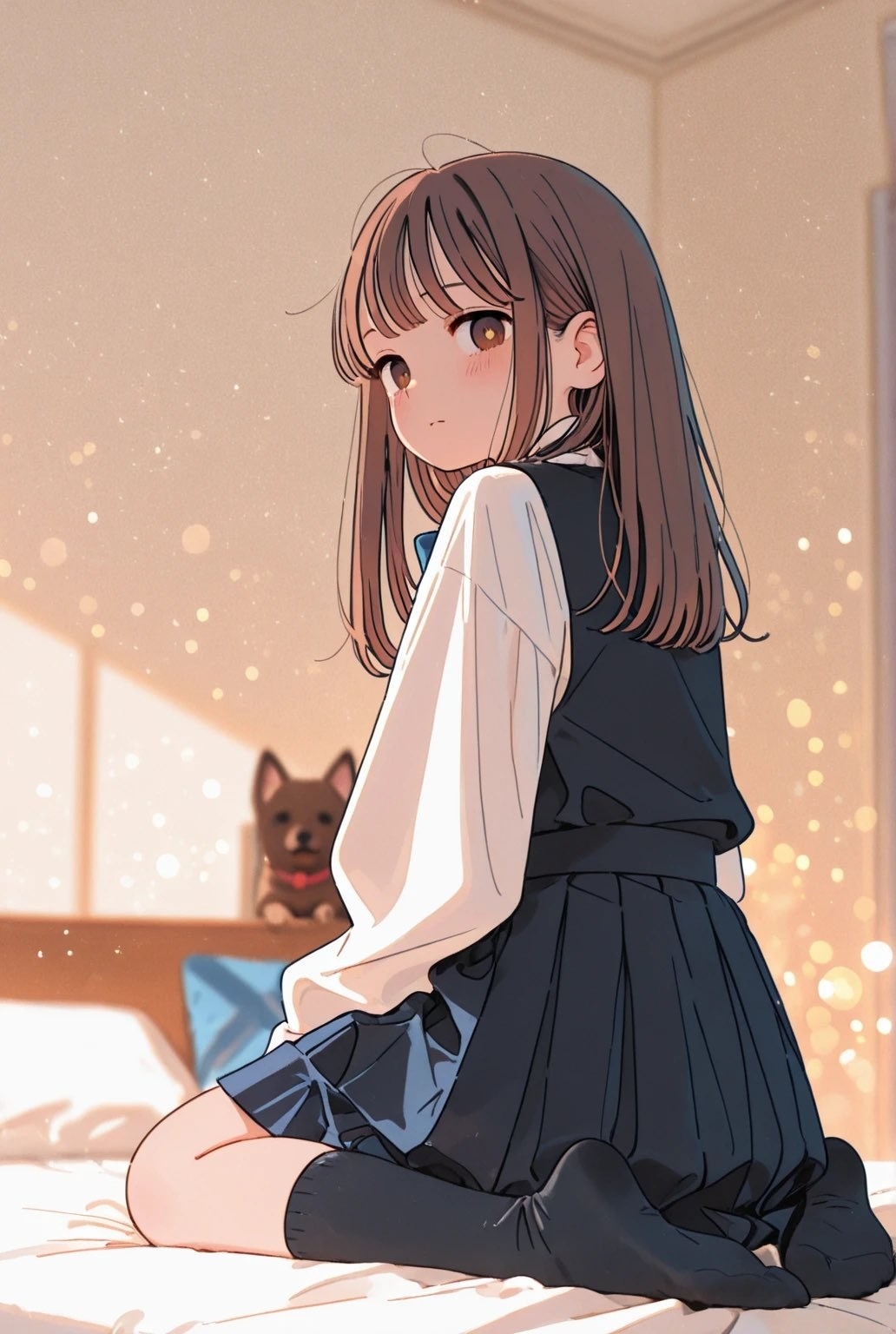 Una chica con uniforme escolar japonés se sienta en la cama mirando hacia afuera