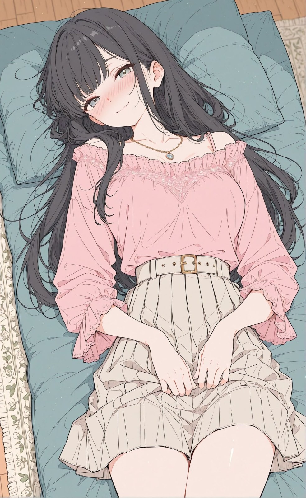 A black-haired woman in a pink off-shoulder top and pleated skirt is lying on a pillow