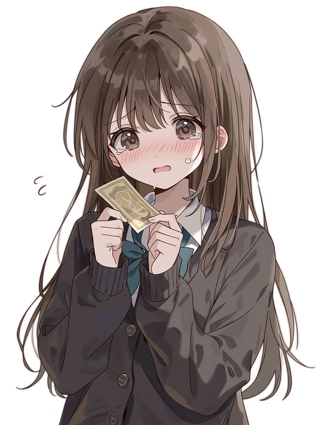 A girl in a school uniform with long brown hair, holding a talisman, looking shy and tearful