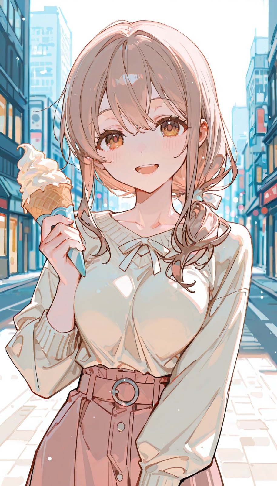 An anime girl wearing a beige shirt and pink skirt holding ice cream stands on a sunny street