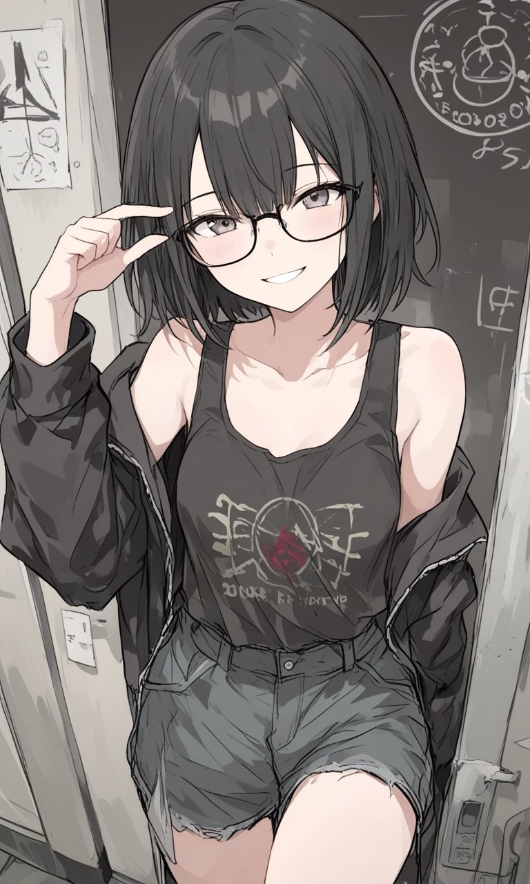 An anime woman with short black hair and black glasses is wearing a floral black tank top and dark denim shorts
