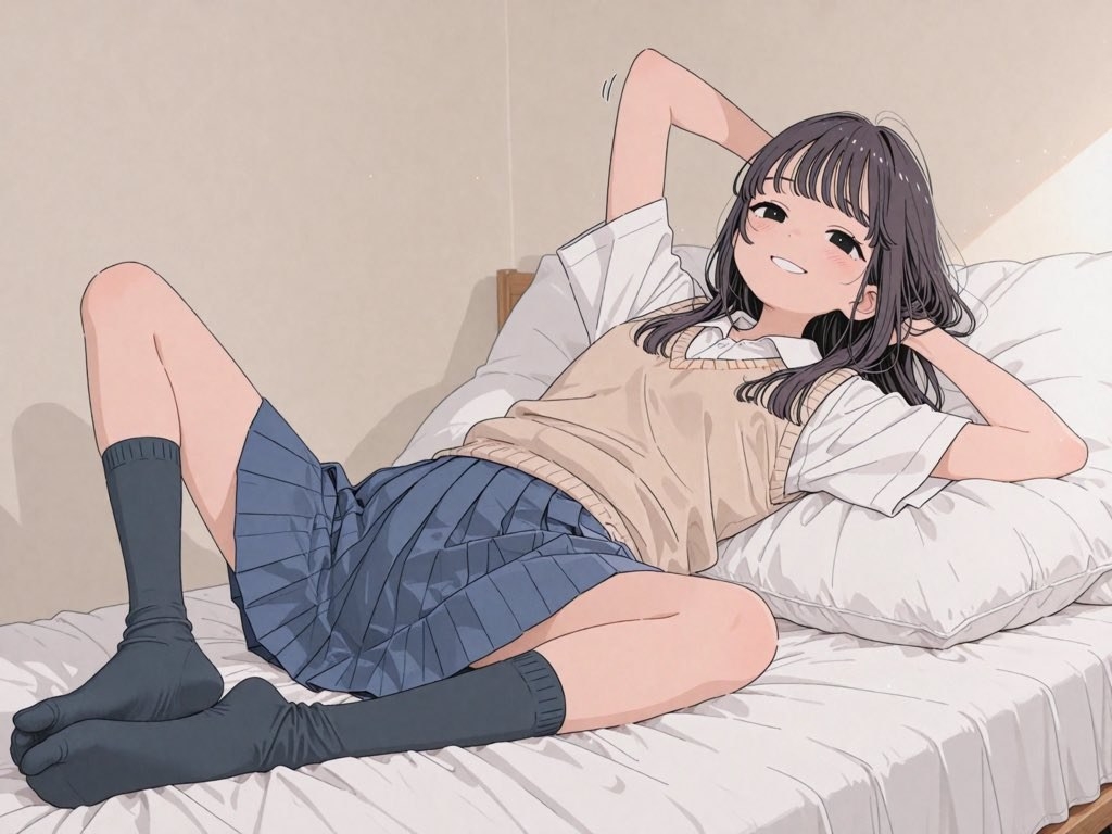 Uma garota sorri preguiçosamente na cama vestindo uma camisa branca, um colete bege, uma saia azul e meias escuras