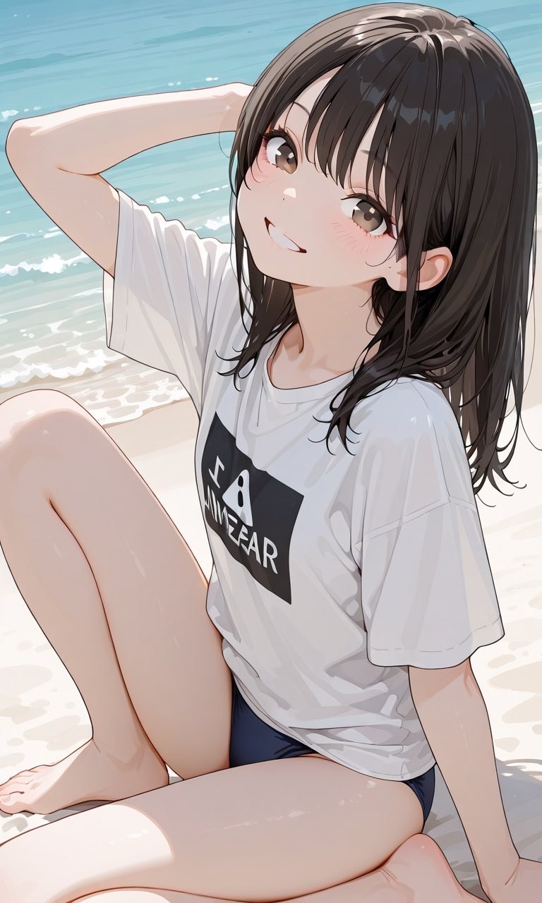 Ein Mädchen mit langen schwarzen Haaren trägt ein lockeres weißes T-Shirt und dunkle blaue Badeshorts am Strand
