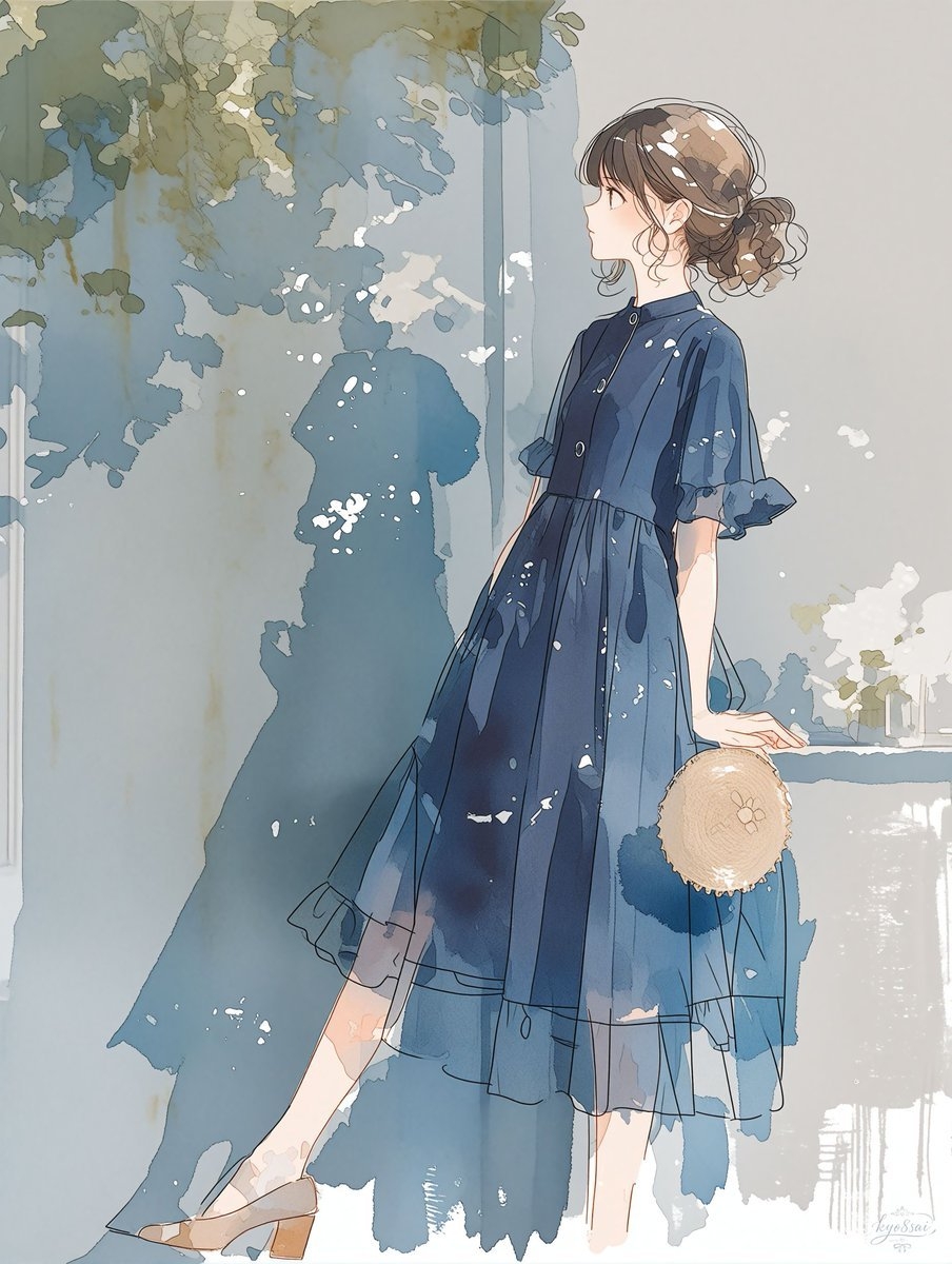 Uma garota com cabelo castanho claro em um coque baixo vestindo um vestido azul escuro de mangas curtas e segurando um pequeno chapéu de palha
