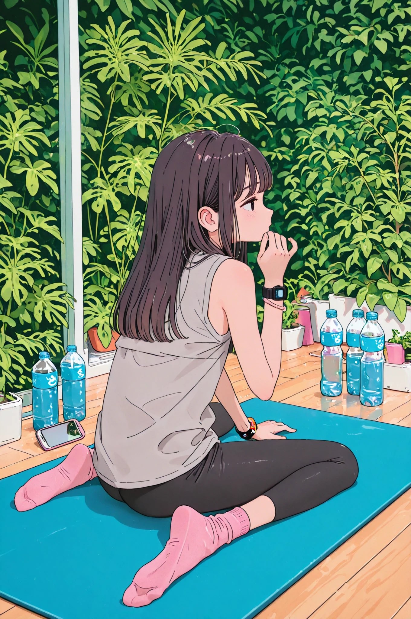 A character with long dark hair tied back in a gray tank top and black leggings sits on a blue yoga mat surrounded by plants and water bottles, creating a peaceful outdoor workout atmosphere