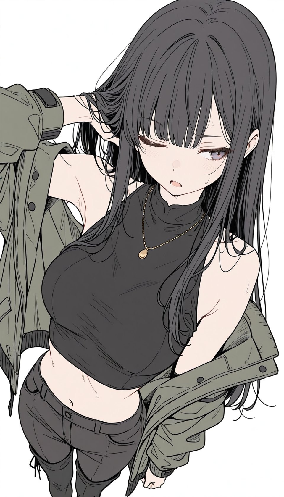 Eine Figur mit langen schwarzen Haaren und leicht zerzausten Pony trägt ein schwarzes ärmelloses Crop-Top und eine dunkelgrüne Jacke und zeigt einen müden Ausdruck