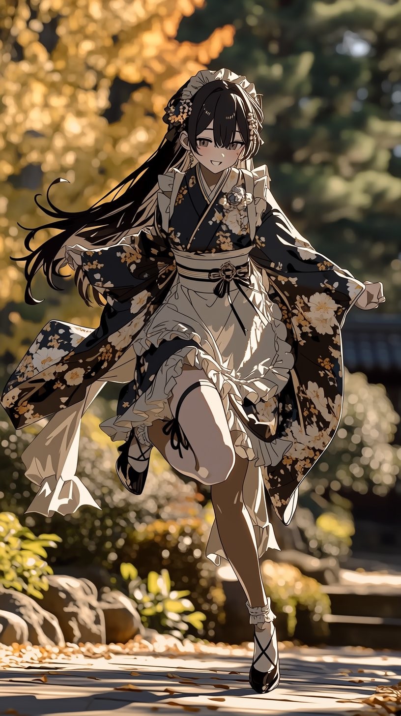 A cheerful anime girl runs along an autumn garden path