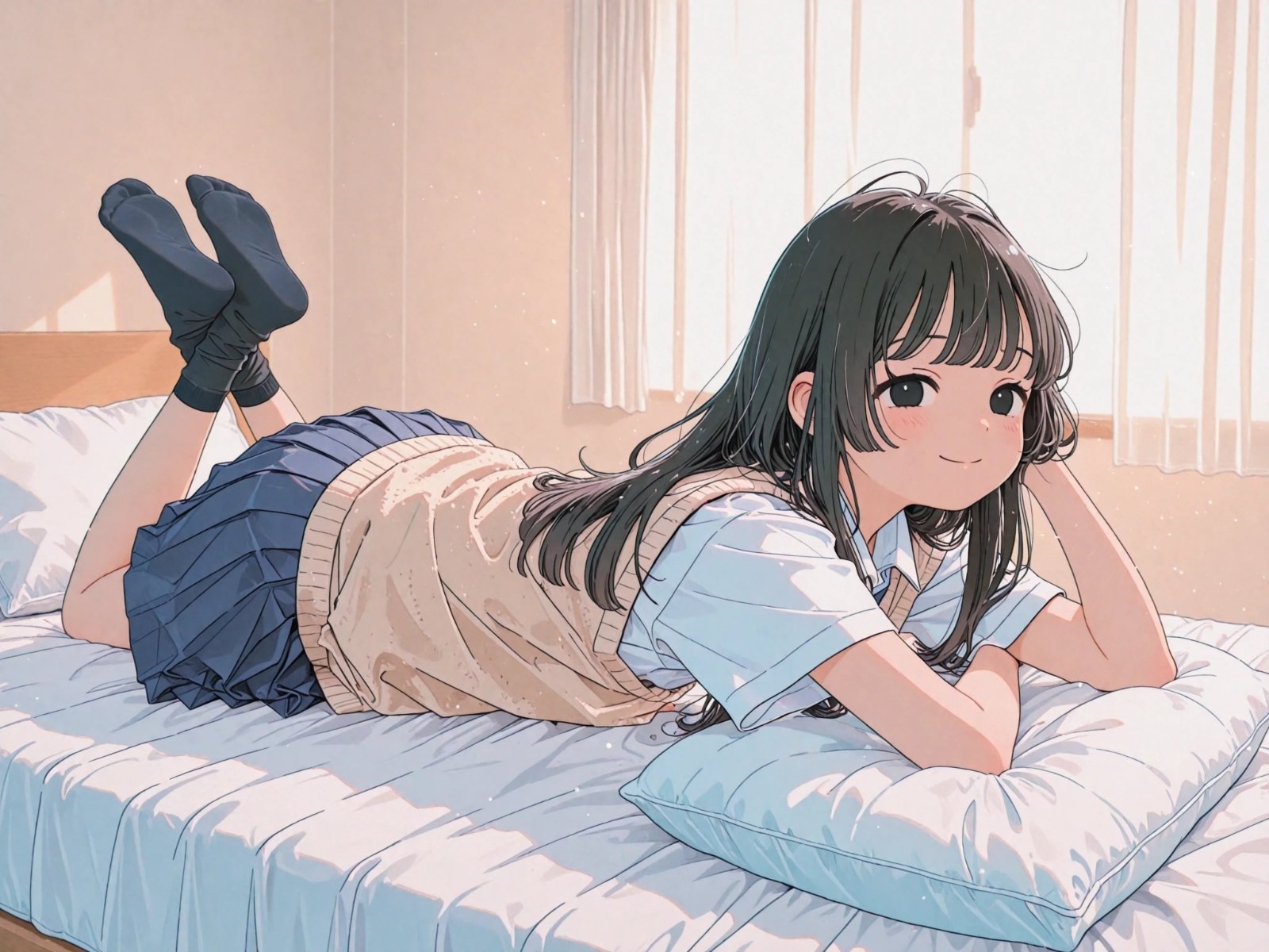 Uma garota de cabelo preto em uniforme escolar japonês sorri enquanto está deitada na cama