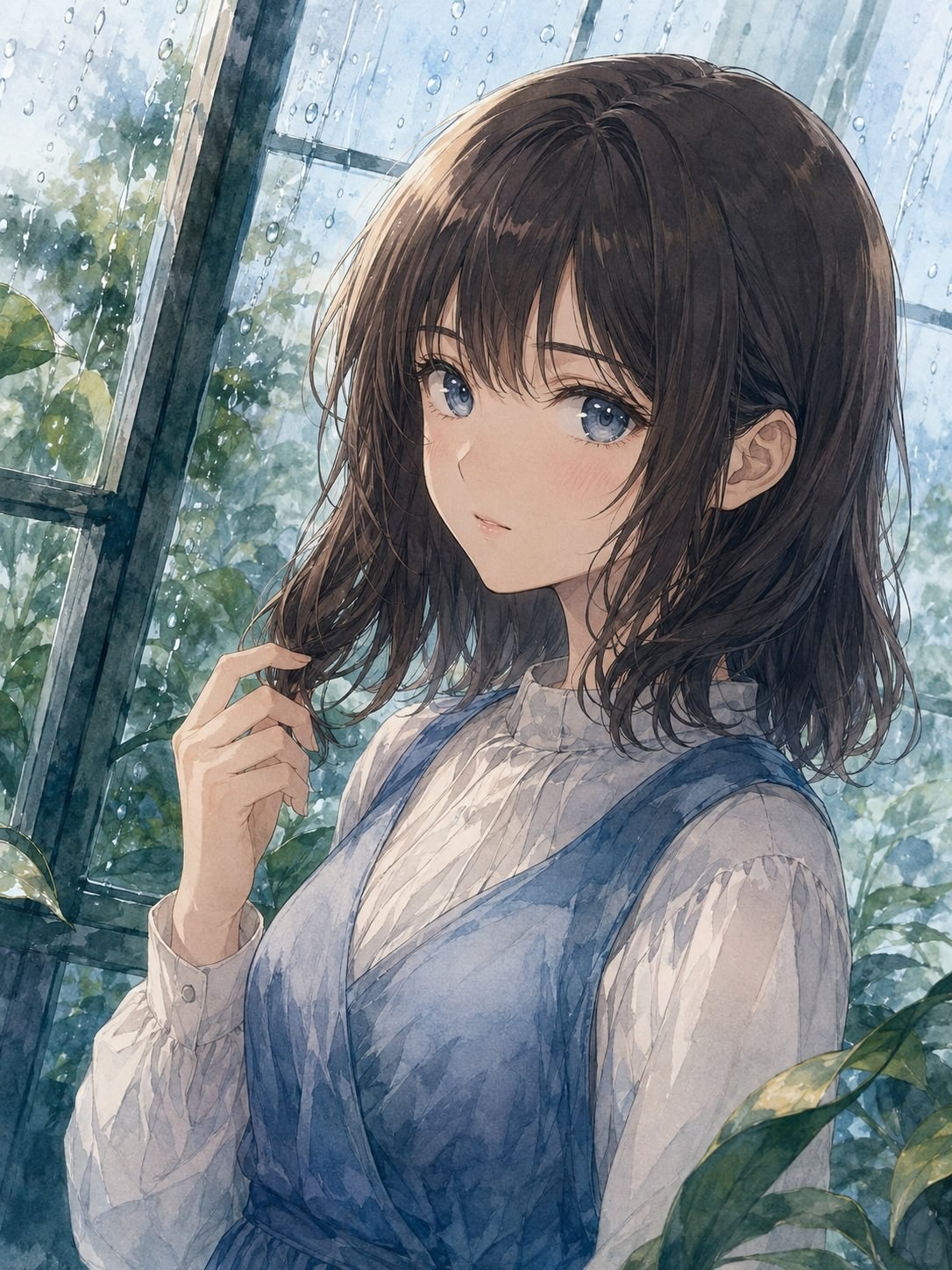A girl stands by a rain-specked window wearing a white lace shirt and blue suspender dress