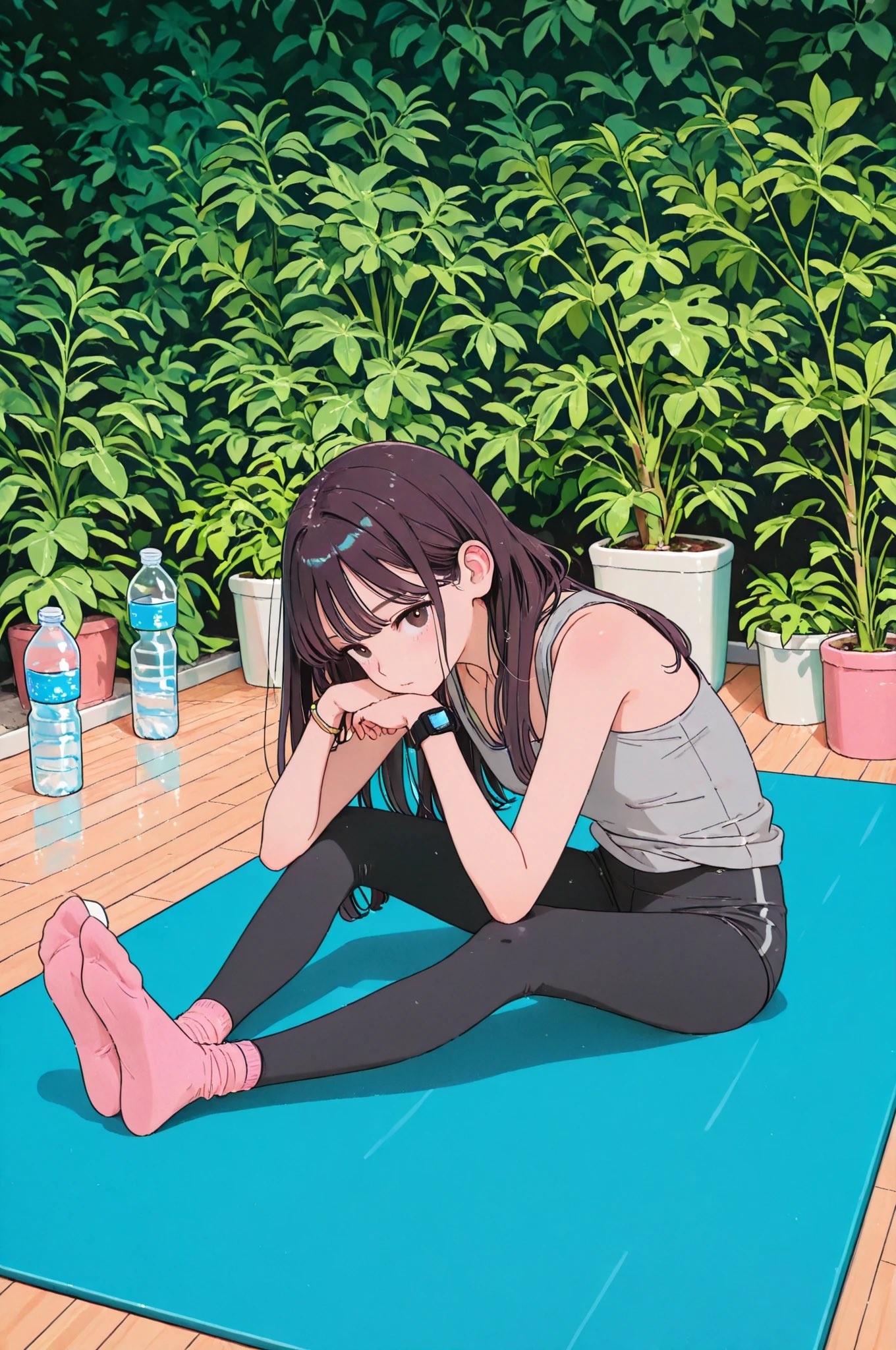 A young woman in anime style is seated on a yoga mat in a relaxed forward fold with a calm expression surrounded by plants