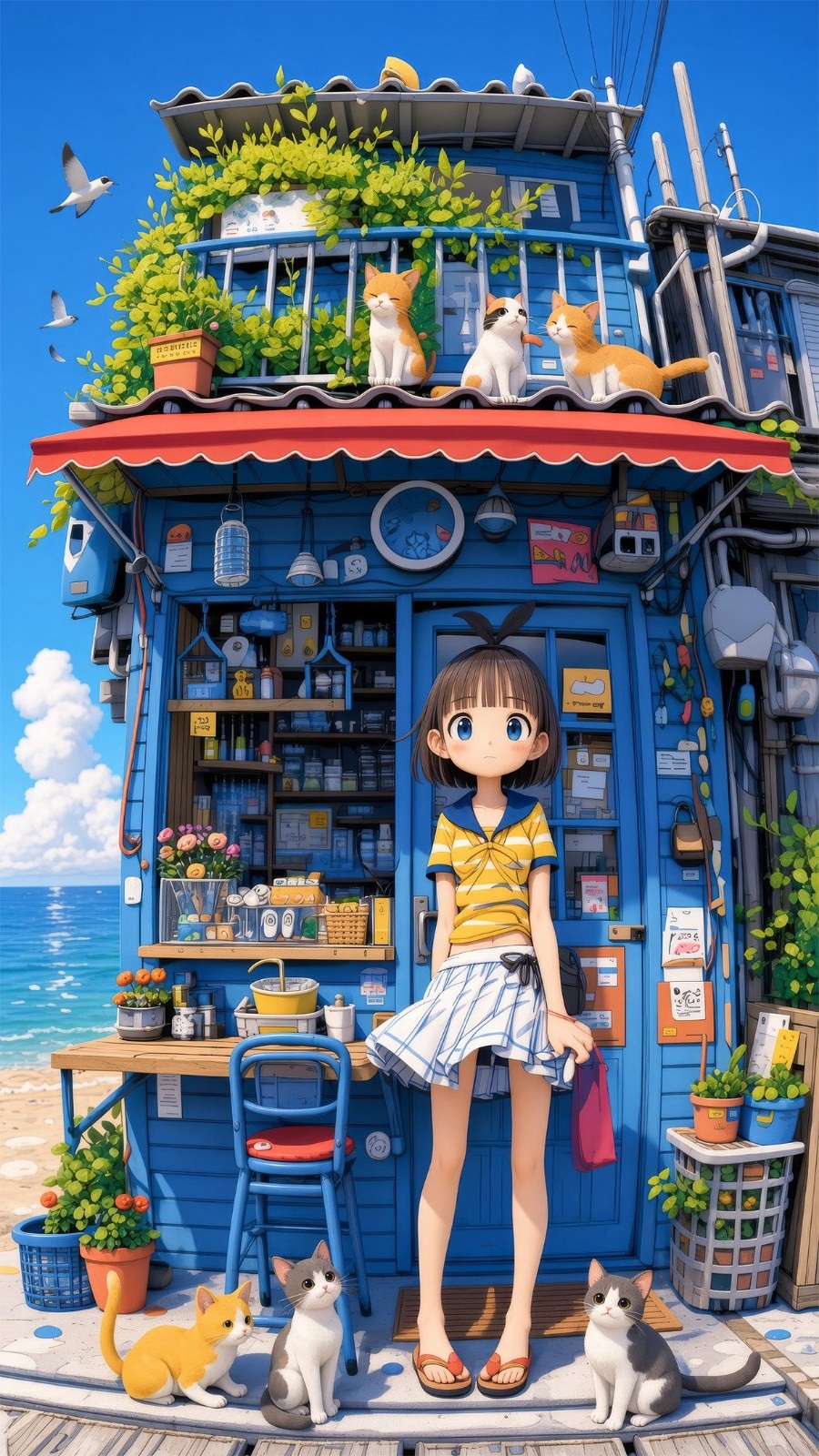 Uma garota em uma blusa listrada azul e amarela e uma saia xadrez branca está em frente a uma casa azul com gatos ao redor