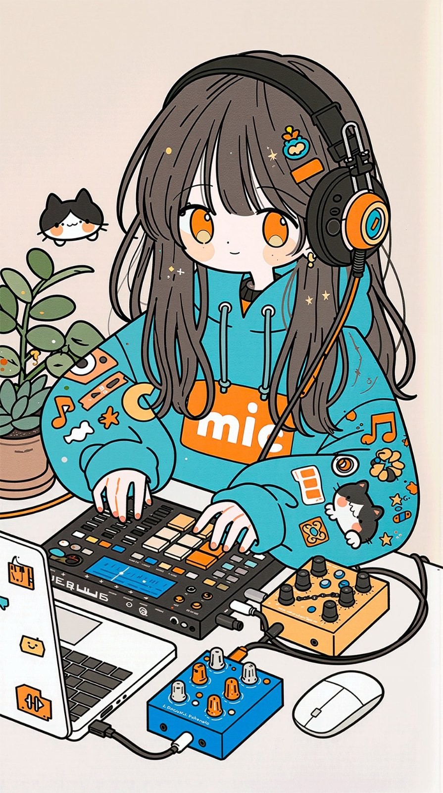 Мультяшная девочка управляет MIDI-падом