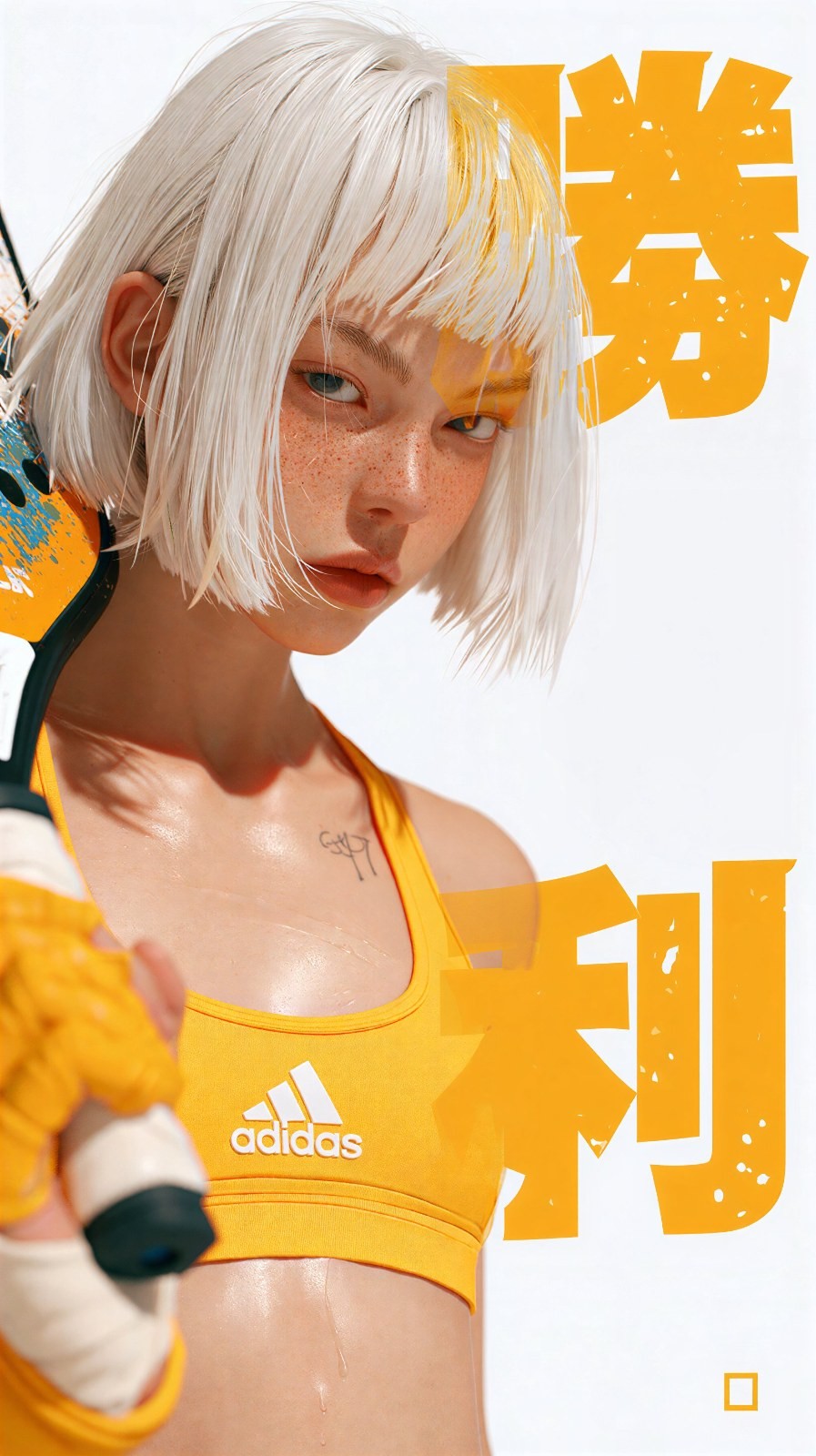 シルバーヘアの女性が明るい黄色のスポーツブラとファーコートを着て、青いヘッドフォンでスポーツスタイルを披露