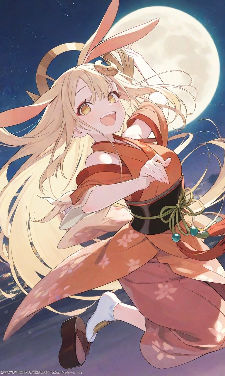 A blonde rabbit-eared girl in a kimono jumps under the night sky