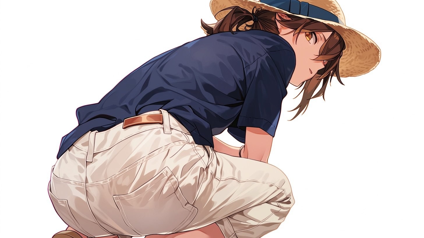 A female character in a dark blue top and beige shorts looks back while wearing a hat