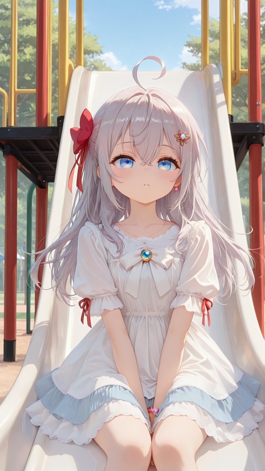 一位銀灰色長髮的動漫少女穿著白色連衣裙坐在滑梯上