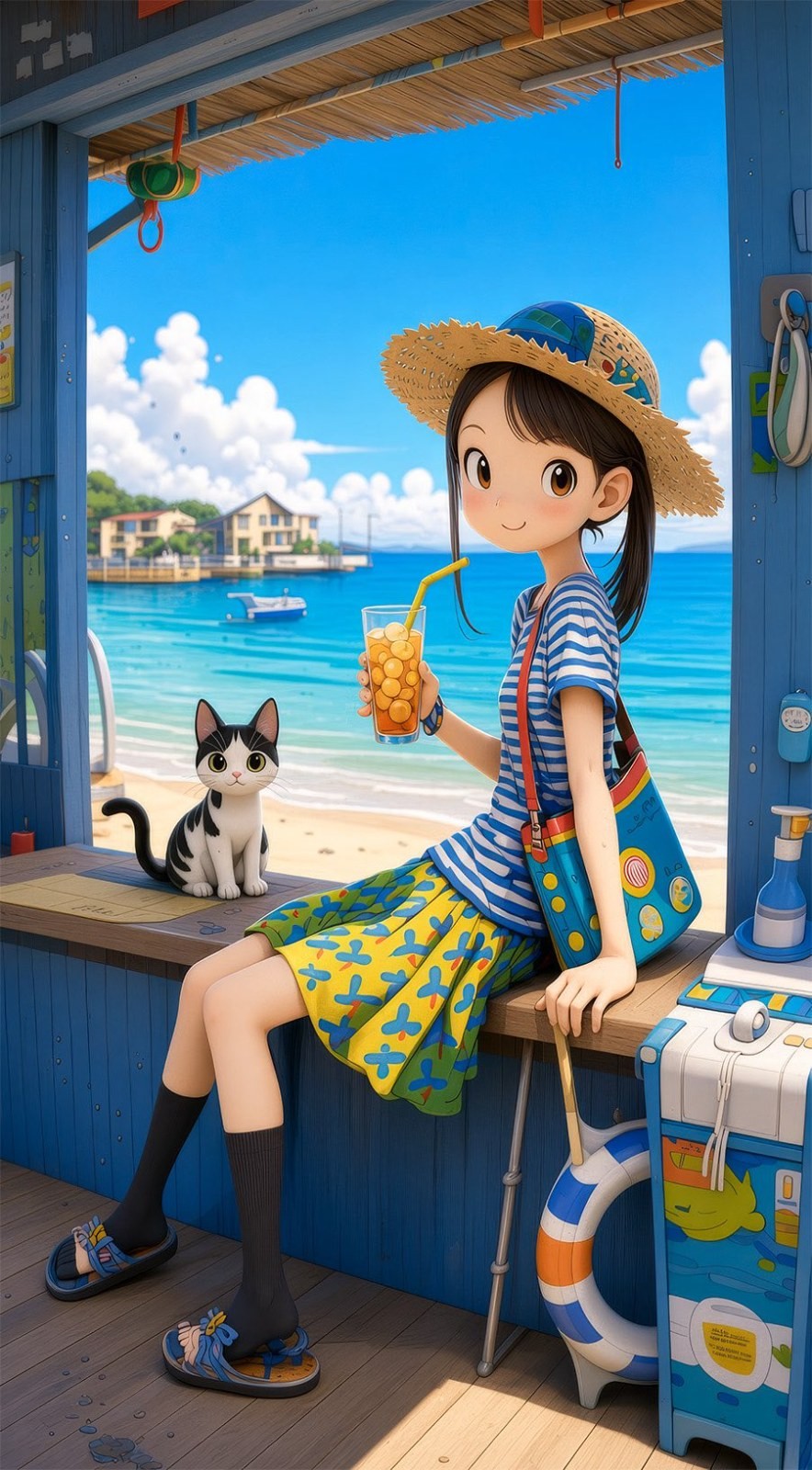 Una chica con sombrero de paja se sienta en el alféizar de una cabaña junto al mar, sosteniendo una bebida naranja, vestida con una blusa de rayas azul y blanca y una falda amarilla con flores, con un gato blanco y negro a su lado