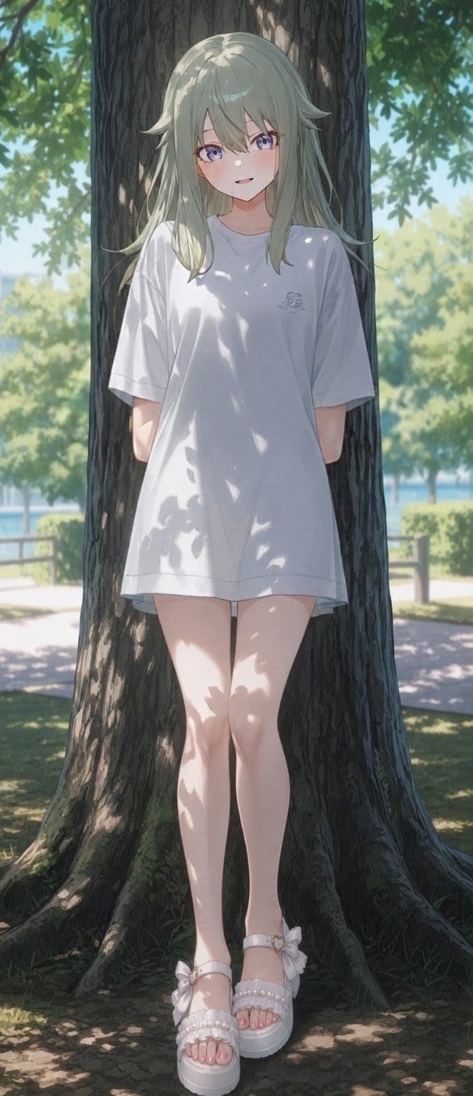 Uma garota de anime com cabelo verde claro está de pé em um parque vestindo uma camiseta branca larga e sandálias de plataforma
