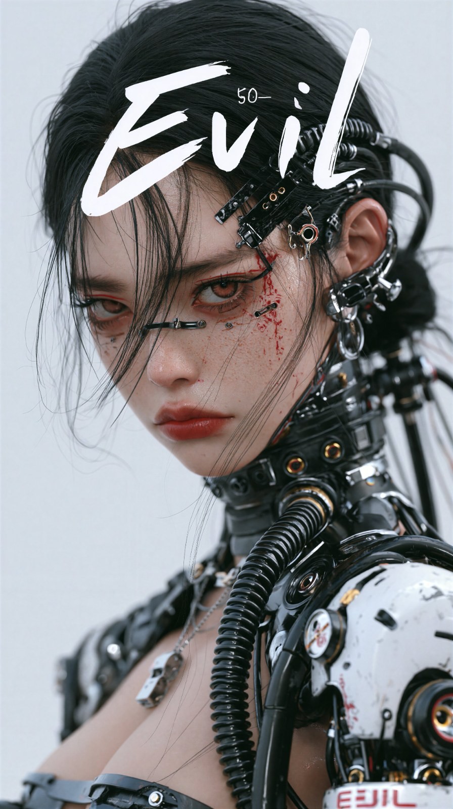 Die Nahaufnahme einer weiblichen Figur im Cyberpunk-Stil zeigt eine komplexe mechanische Ästhetik