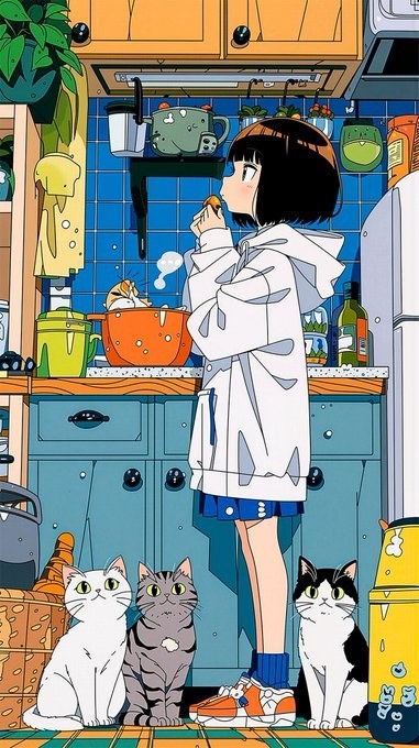 Una chica de cabello corto entrega comida en la cocina con tres gatos a sus pies