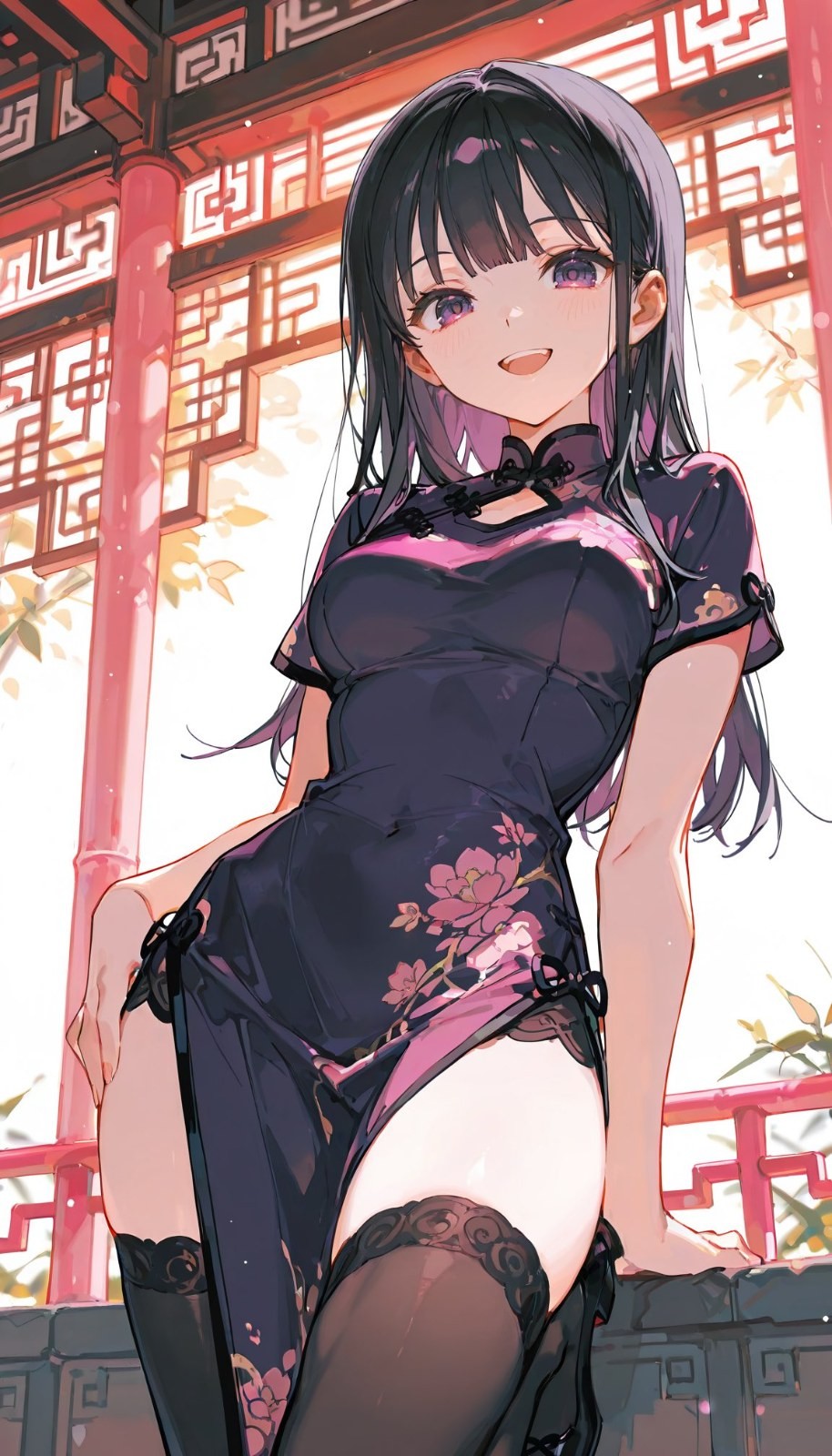 An anime girl with long black purple hair wears a dark floral qipao while sitting on a Chinese red railing