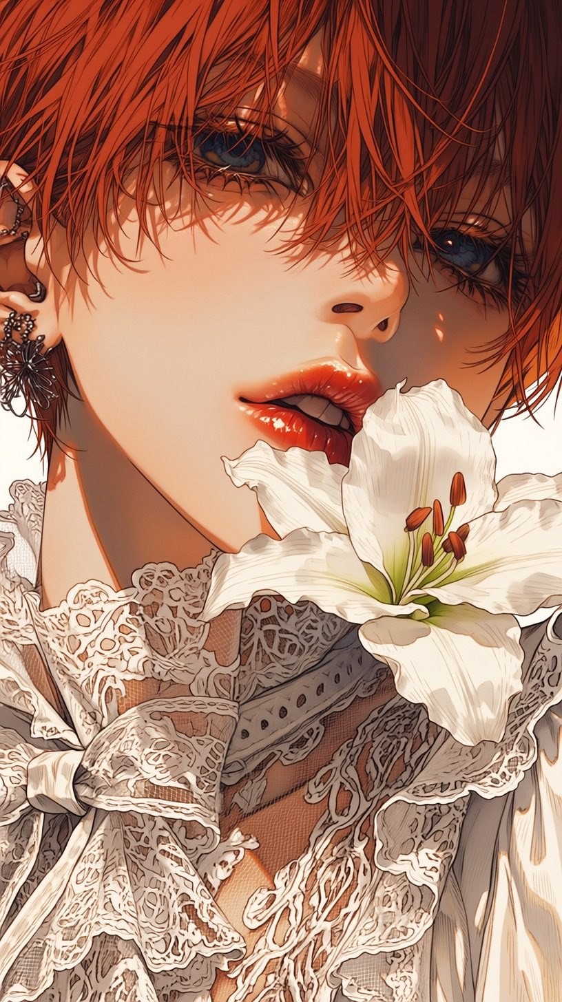 A red-haired blue-eyed figure close to a white lily flower