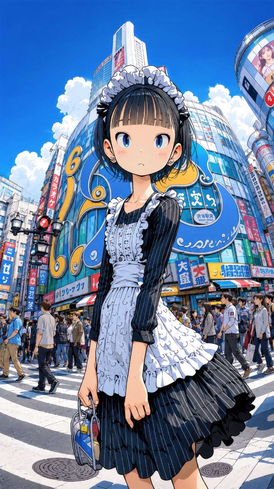 A short-haired girl in a black and white striped maid outfit stands at a bustling city street corner