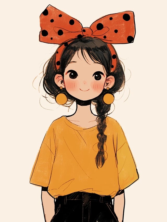 Uma ilustração digital desenhada à mão de uma jovem sorridente, vestindo uma camiseta amarela e calças pretas