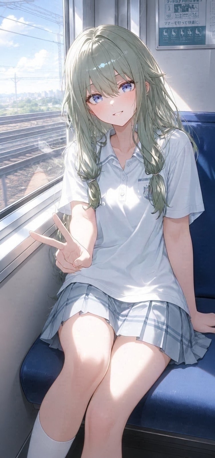 Uma garota de anime com cabelo verde e olhos roxos faz um sinal de paz em um trem