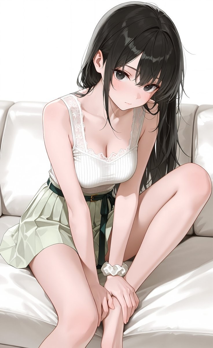 A black-haired anime woman is sitting on a sofa wearing a white camisole and a light green pleated skirt