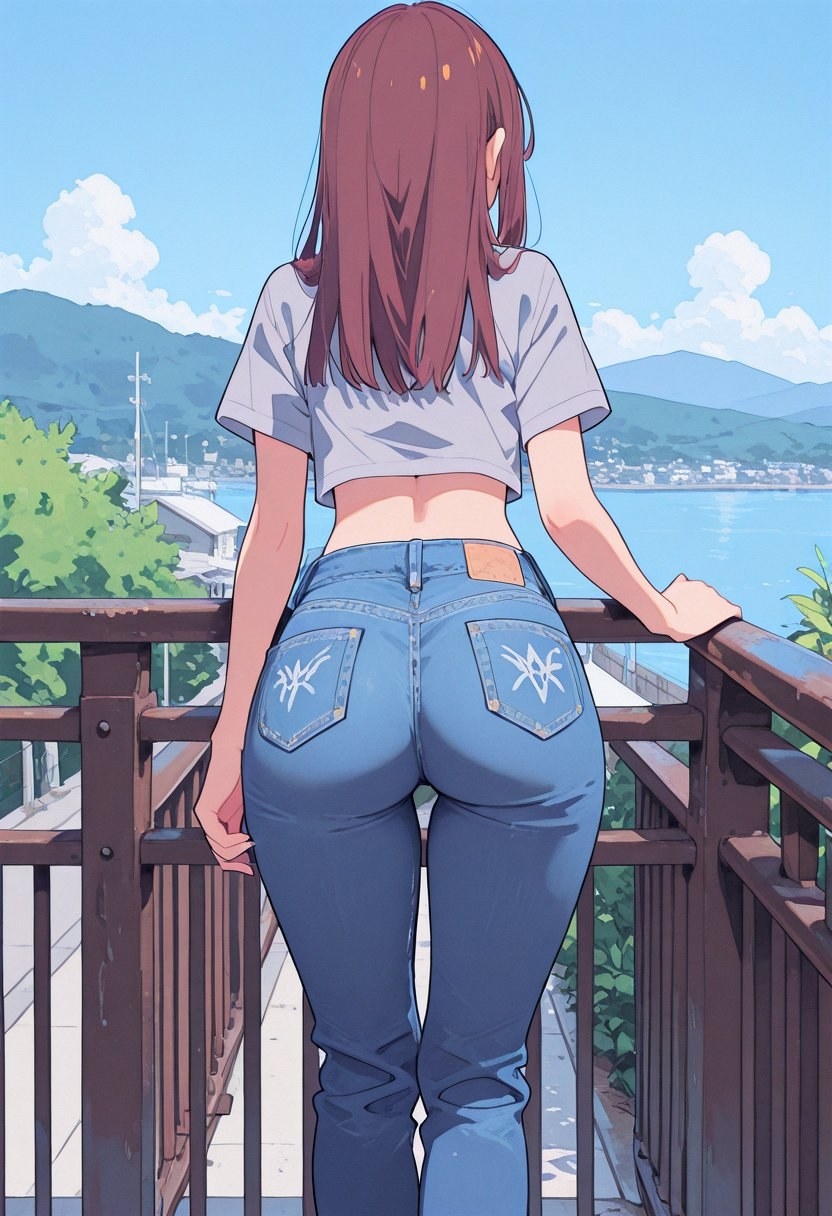 A woman with auburn long hair stands with her back to the camera wearing a gray crop top and blue skinny jeans