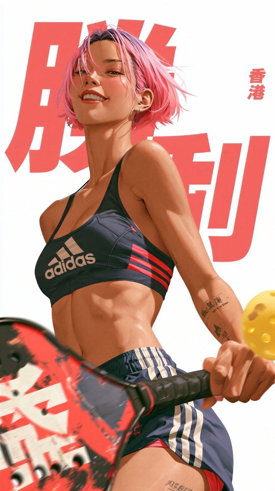 ピンクのショートヘアの女性アスリートがアディダスのスポーツウェアを着て、ピックのラケットとボールを持ち、筋肉質な体型を示しています