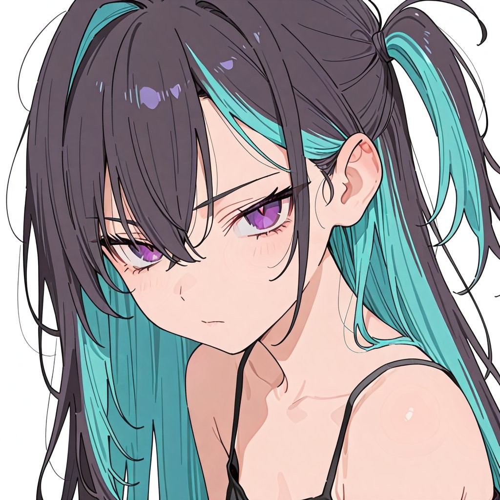 Close-up of an anime-style female character with dark brown hair highlighted in turquoise and purple eyes with a lazy expression dressed in a black thin strap outfit