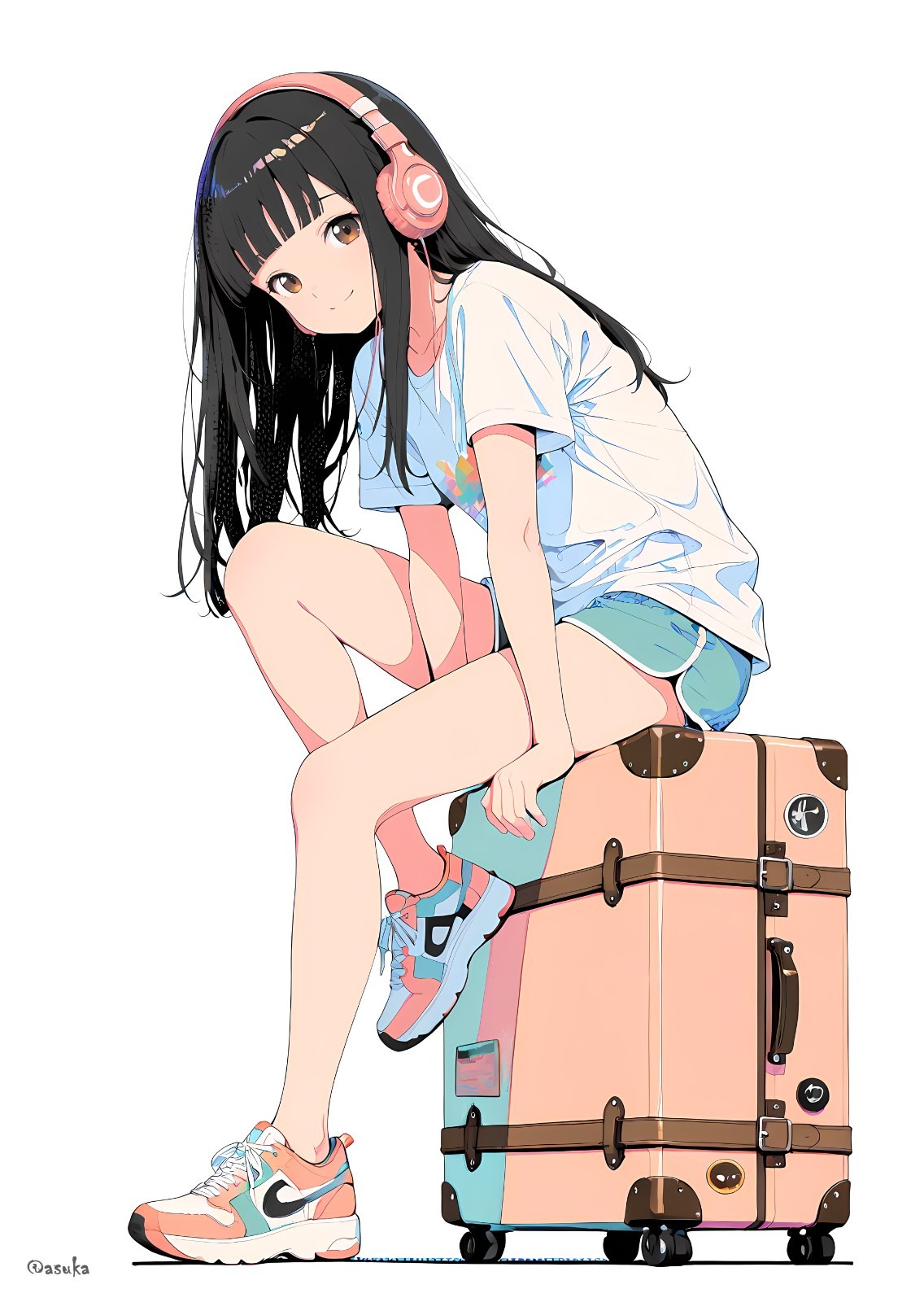 A black-haired girl sits on a pink vintage suitcase, wearing pink headphones, a loose white T-shirt, and light blue shorts, smiling while looking back