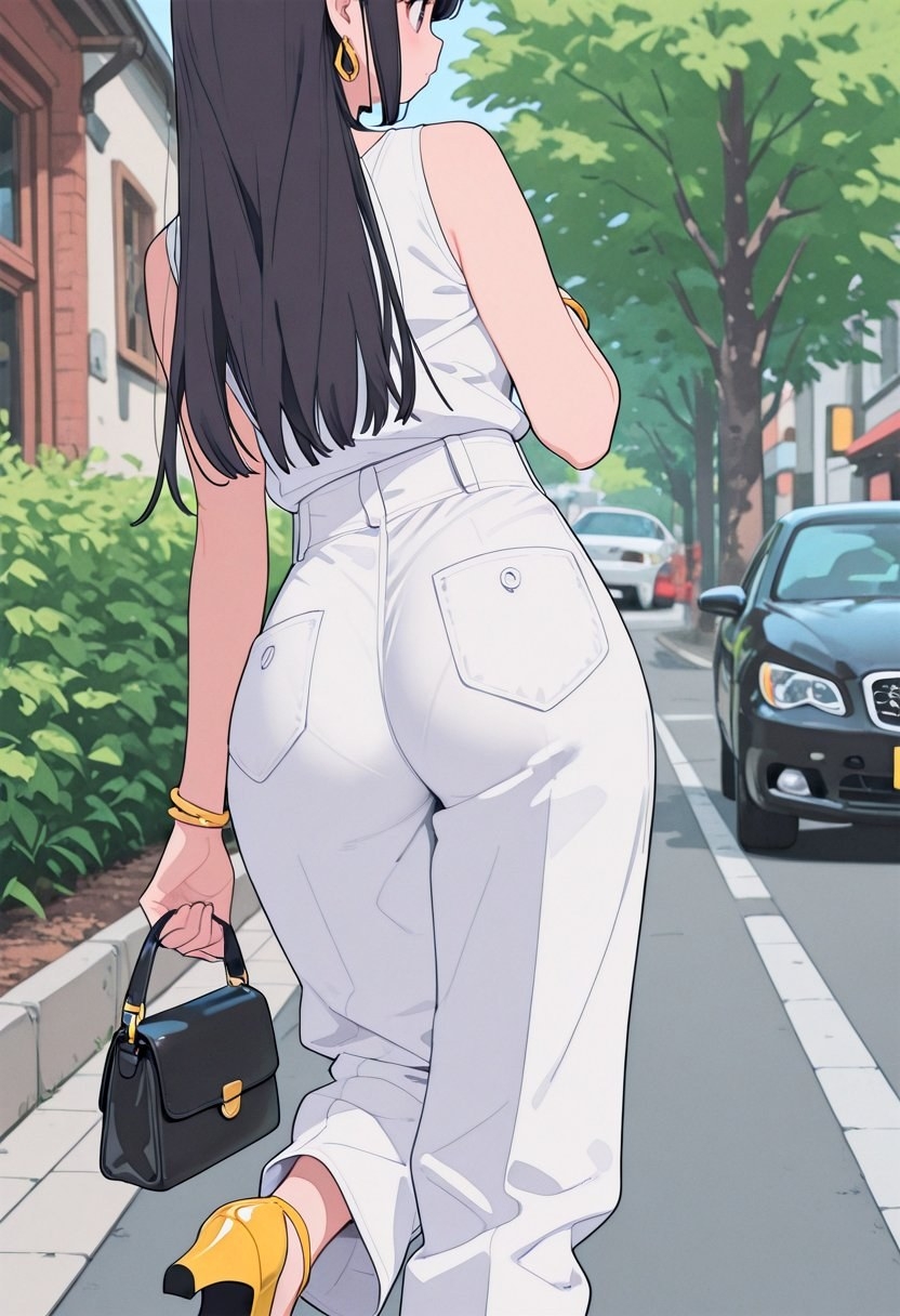 A woman walks on the city street wearing a white sleeveless top and high-waisted jeans paired with yellow heels