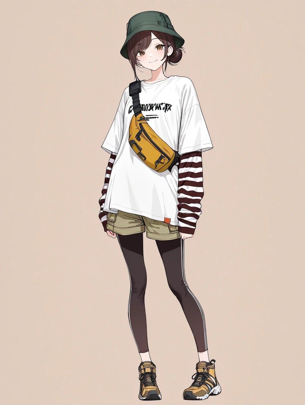 The character is wearing a green bucket hat, white oversized t-shirt, and olive shorts, showcasing a casual adventurous style